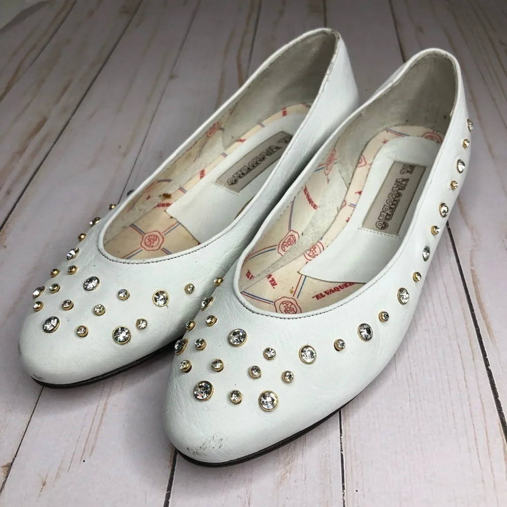 El Vaquero Vintage Rhinestone Studded Leather White Flats/Low Heels Sz 38 - Picture 4 of 14